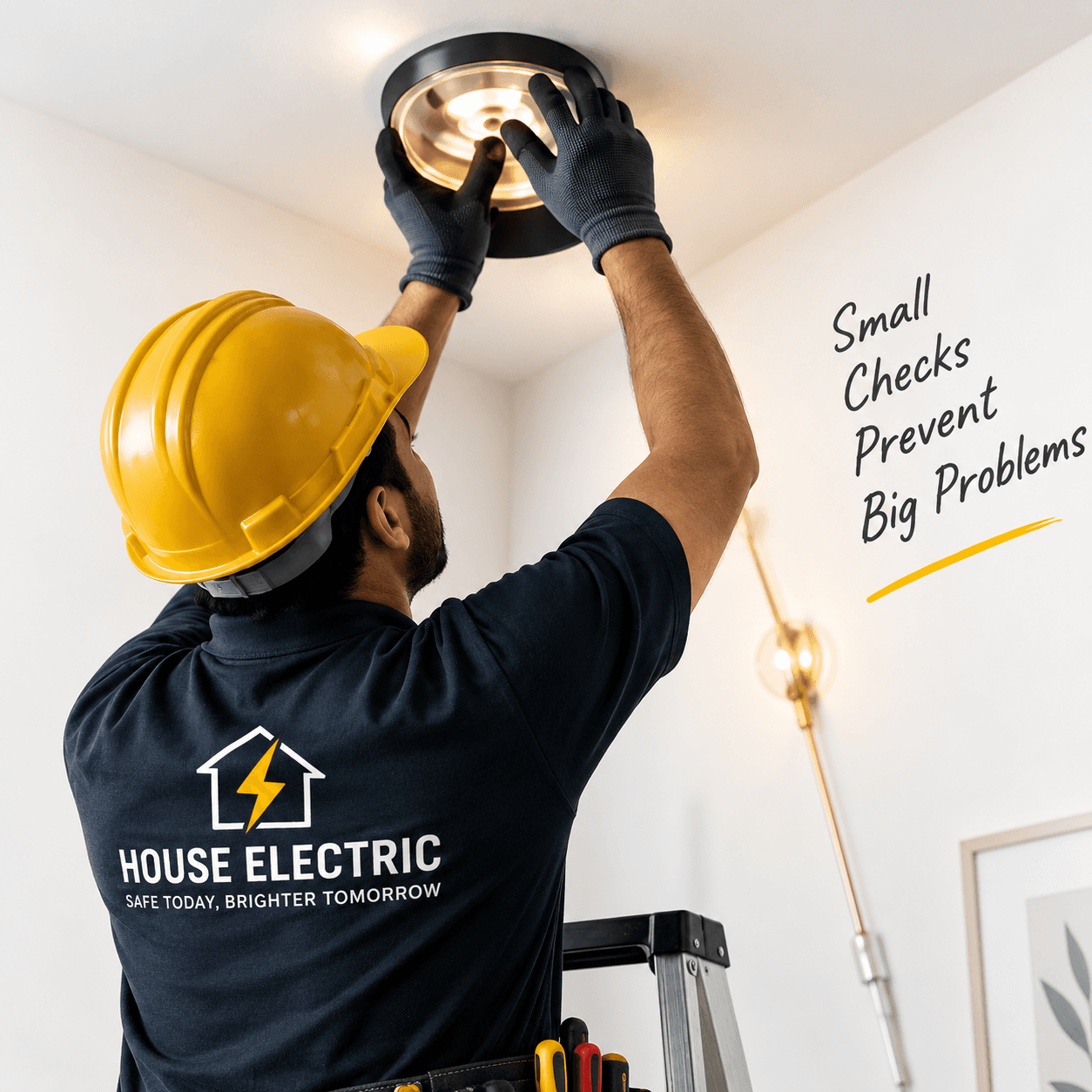 House Electric technician fitting a ceiling light
