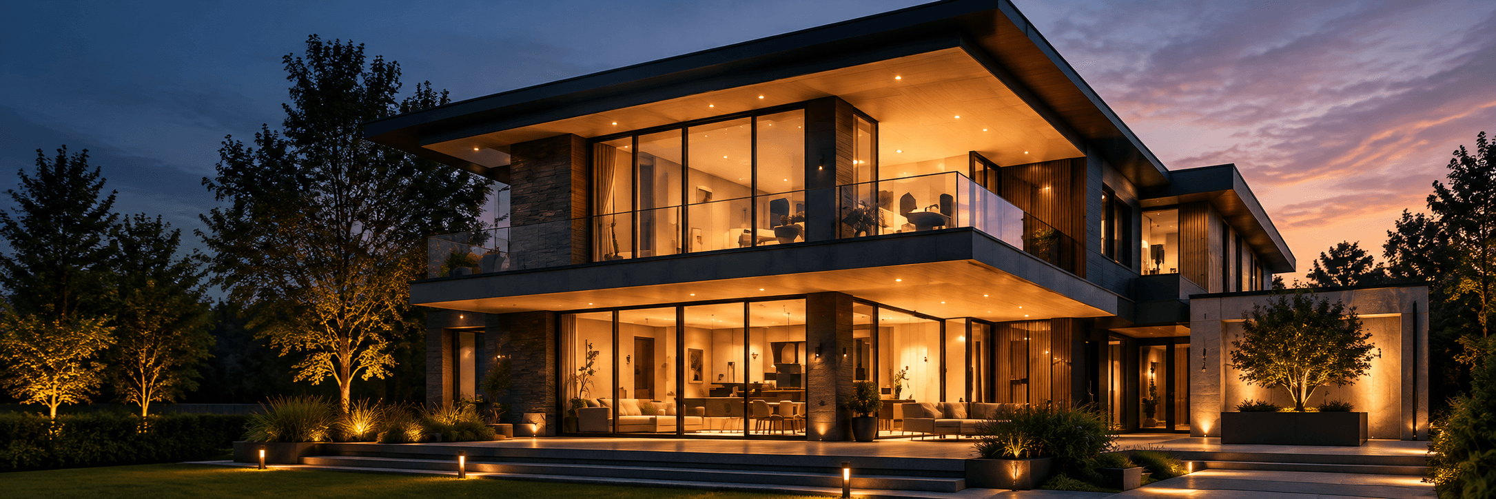 Modern house exterior at dusk